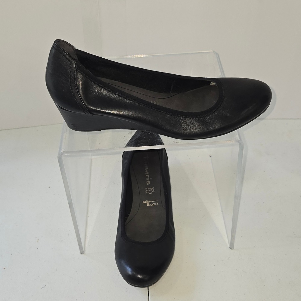 Tamaris Black Leather Wedge Pumps Womens 39 Touch It Comfort Round Toe Office